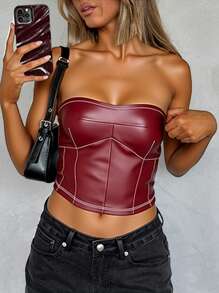 SHEIN Essnce Burgundy Autumn Girly Night Club Women's PU Leather Bandeau Top,Minimalist Fish Bone Design Ruched Tube Top For Party Valentine's Day & Date Night - Burgundy - View 3