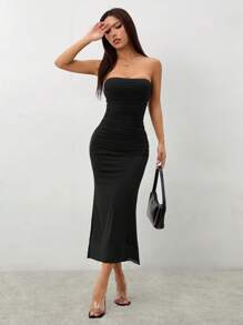 SHEIN PETITE Style Gradient Mesh Strapless Bodycon Dress - Black - View 4