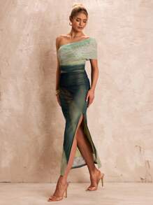 Glamine Women's Summer Green Tie-Dye Spaghetti Strap Split Hem Mesh Dress, Fitted Ruffle Vacation A-Line Gown, Women Formal Dress Women Prom Dresses Women Maxi Dresses Women Summer Dresses Women Dresses Women Short Dresses