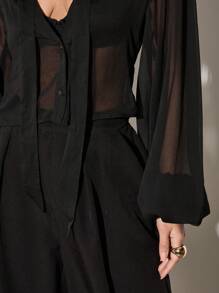 AiiRZ Sheer Wrap Long Balloon Sleeves Top With Long Scarf