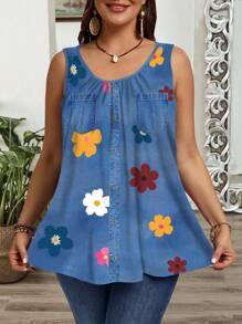 EMERY ROSE Plus Size Women Summer Boho Denim Effect And Floral Print Blue Loose Fit Gathered Ruched Wide Strap Casual Round Neck Tank Top,Vacation Woman,Summer For Women,Tank Tops Women Suitable For Going Out
