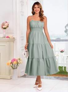 SHEIN Váy bầu hở lưng màu trơn đơn giản cho bà bầu, mùa hè - Màu xanh Bạc hà - Xem 4