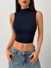 SHEIN PETITE Black Mock Neck Ruched Tank Top, Simple And Fashionable, Suitable For Summer,Rave Top - Navy Blue - View 4