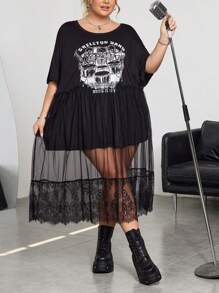 SHEIN CURVE+ Áo thun in hình đầu lâu cỡ lớn cho nữ, Váy lưới trơn, Áo thun lễ hội âm nhạc, Váy lễ hội âm nhạc - màu đen - Xem 1