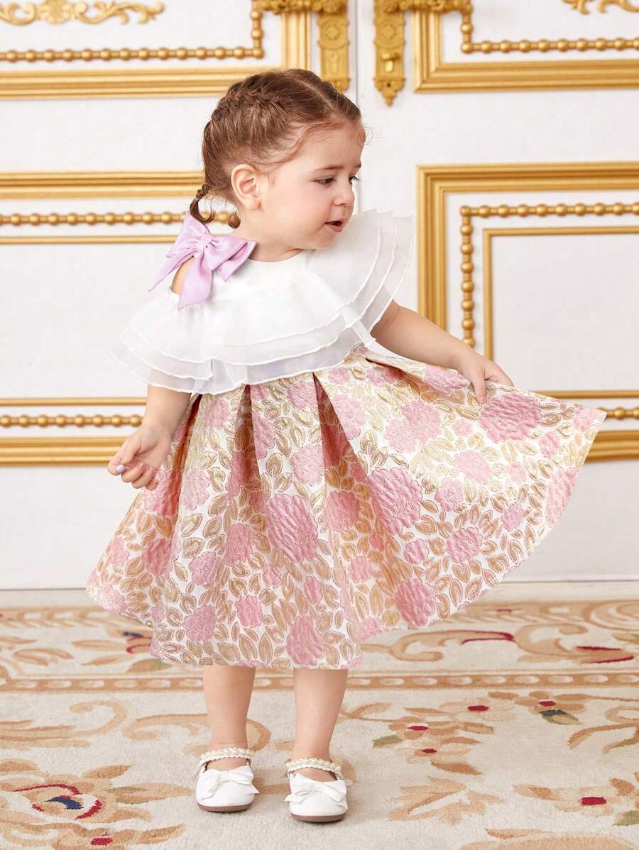 SHEIN Floral Print Contrast Mesh Ruffle Hem Baby Girl Dress - Multicolor - View 1