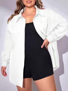 SHEIN CURVE+ 2pcs/Set Plus Size Women Casual Loose Pink Long Sleeve Button-Up Shirt And Black Jumpsuit, Suitable For Valentine's Day, Airport Outfit, Clothing Set, Back To School, Y2K