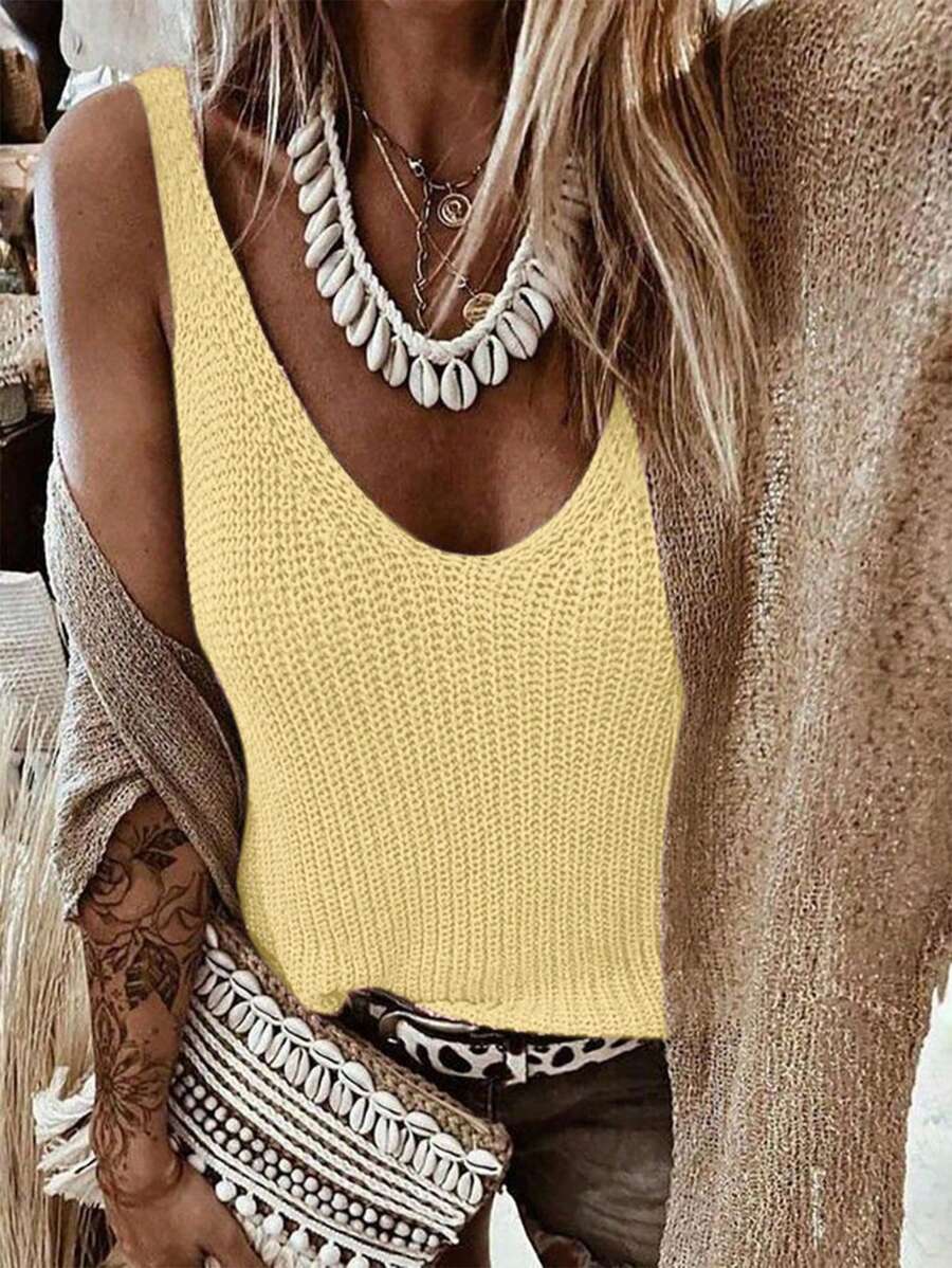 Breezaya Women Sleeveless Solid Color Casual Knit Sweater Top - Yellow - View 1