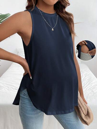 SHEIN 孕妇纯色哺乳功能圆领休闲上衣