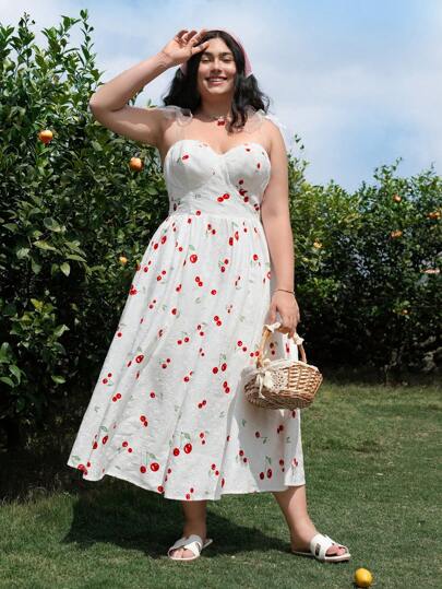 SHEIN MOD Plus size vit rosett broderad flickans semester Röd körsbärsblomtryck Rosett axelrem Maxi fritidsklänning