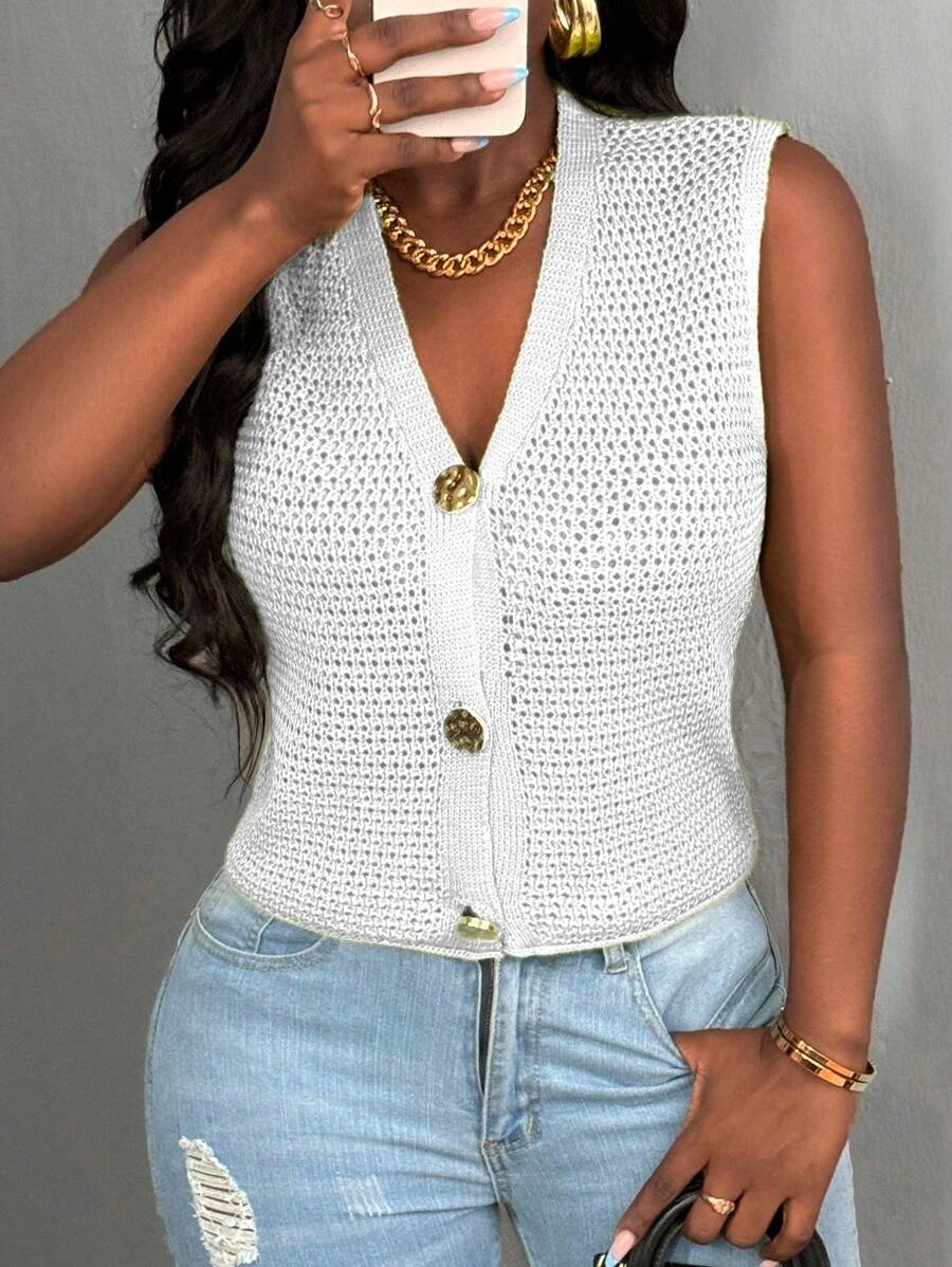 BamGleam 新款绿色金属大纽扣 V 领毛衣背心、镂空开衫、休闲性感、简约设计针织背心，适合秋季、冬季和春季 - 白色 - 查看 1