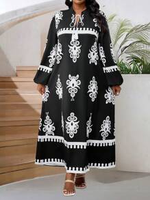 SHEIN Lady Spring And Summer Elegant Commuting Office Casual Boho Casual Outing Colorful Woven Notched Ball Gown Bishop Sleeve Tassel A Line Dress Tunic Dress Long Wrist-Length Sleeve Plus Size Dresses Classy Outfits For Women Beach Vacation Boho Women Clothing Boho Sun Dress Vacation Dress Vacation Outfits Women Vacation Dresses For Women Elegant Spring Dresses For Women Spring Outfits For Women Summer Outfits For Women - Black and White - View 1