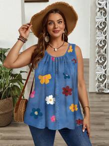 EMERY ROSE Plus Size Women Summer Boho Denim Effect And Floral Print Blue Loose Fit Gathered Ruched Wide Strap Casual Round Neck Tank Top,Vacation Woman,Summer For Women,Tank Tops Women Suitable For Going Out