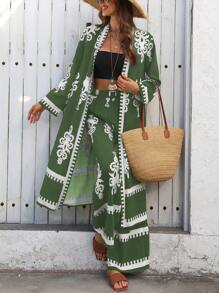 Breezaya Bohemian Style Print 2 Pieces Kimono Set For Women, Suitable For Holiday Fall Cloth For Women