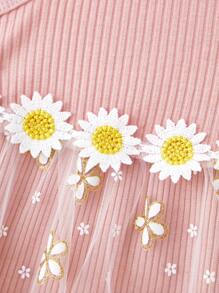 SHEIN 2pcs/Set Baby Girls' Casual Vintage Elegant Lovely Cute Daisy Embroidered Ribbon & Net Tulle Outfit, Suitable For Outdoor In Spring/Summer - Pink - View 3