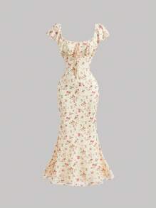 SHEIN MOD 女士杏色碎花夏季长连衣裙，度假连衣裙