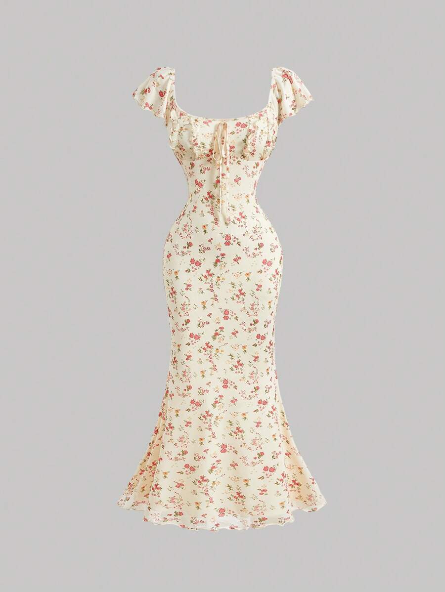 SHEIN MOD 女士杏色碎花夏季长连衣裙，度假连衣裙