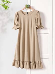 Rusticease Vestido casual de vacaciones de mujer de unicolor con mangas abultadas y bajo con volantes de longitud media