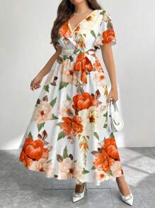 Firerie Gaun Kasual Longgar Motif Bunga Retro Ukuran Plus, Cocok untuk Musim Semi/Gugur, Cocok untuk Acara Jalan-jalan, Gaun Chic - MultiWarna - View 1