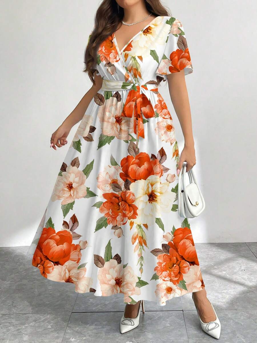 Firerie Gaun Kasual Longgar Motif Bunga Retro Ukuran Plus, Cocok untuk Musim Semi/Gugur, Cocok untuk Acara Jalan-jalan, Gaun Chic - MultiWarna - View 1