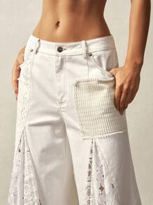 Bohemela Pantalones acampanados de cintura media de unicolor con estilo bohemio patchwork - Blanco - Ver 6