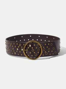 Maija Fashionable Hollow Out Rivet Round Ring PU Leather Patchwork Cinch Belt, Versatile Studded Waist Belt - Brown - View 2