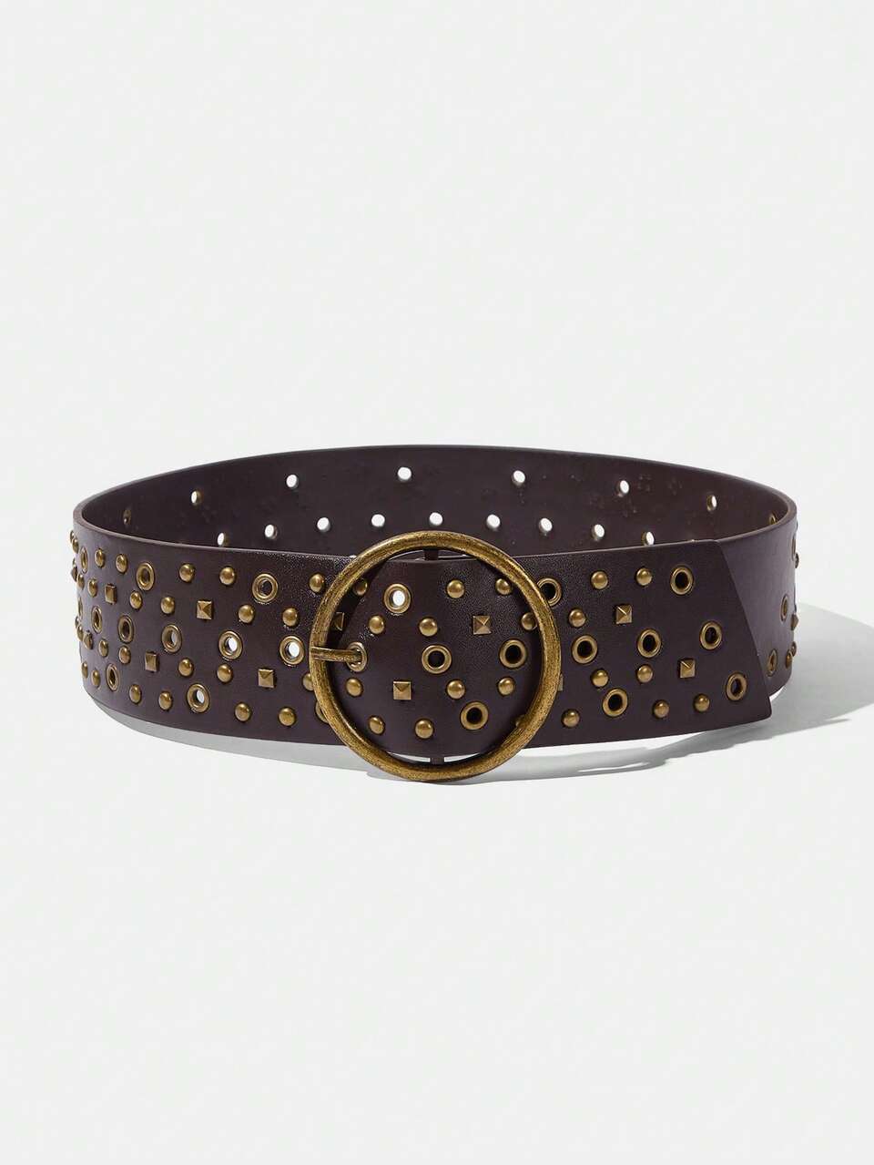 SHEIN Maija Fashionable Hollow Out Rivet Round Ring PU Leather Patchwork Cinch Belt, Versatile Studded Waist Belt