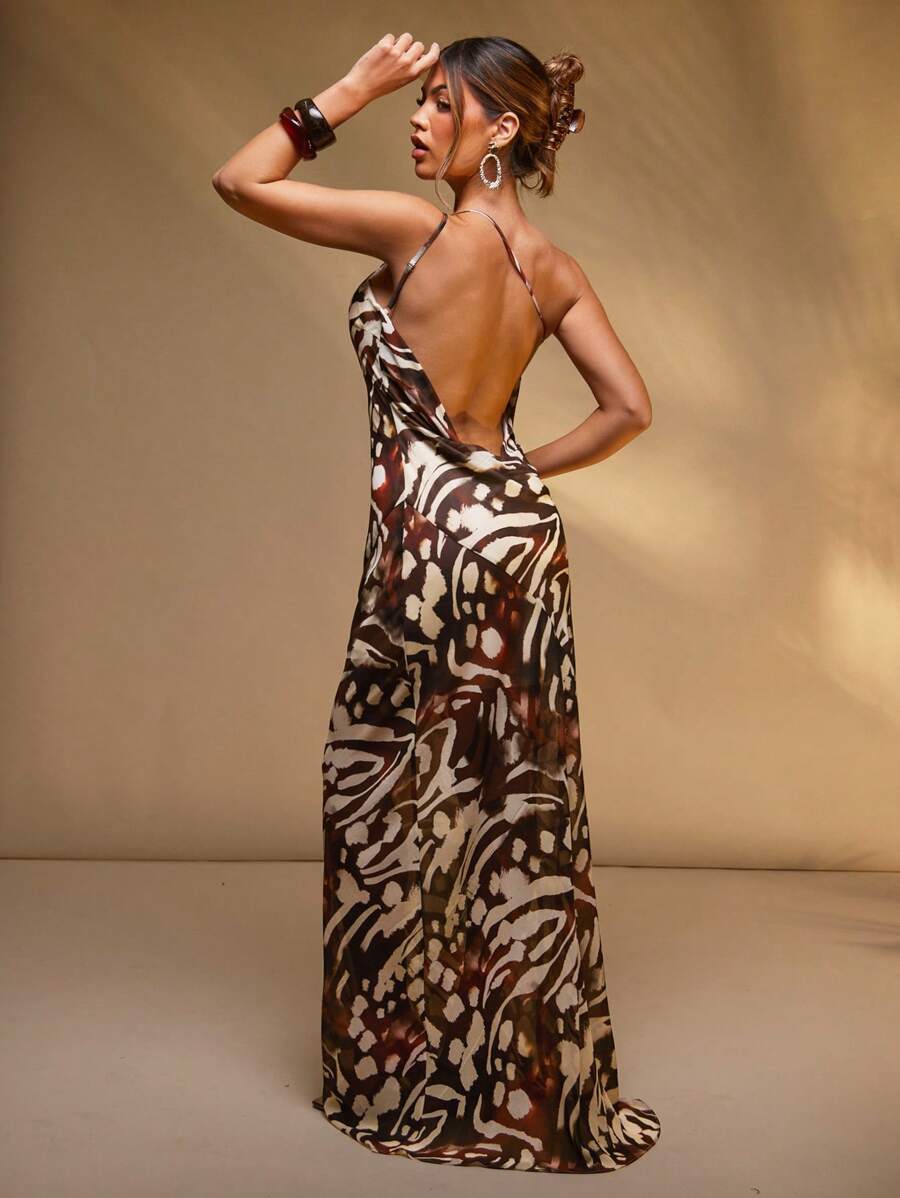Hauture Women's Brown And White Abstract Print, One Shoulder Maxi Dress With Open Back - Multicolor - View 1