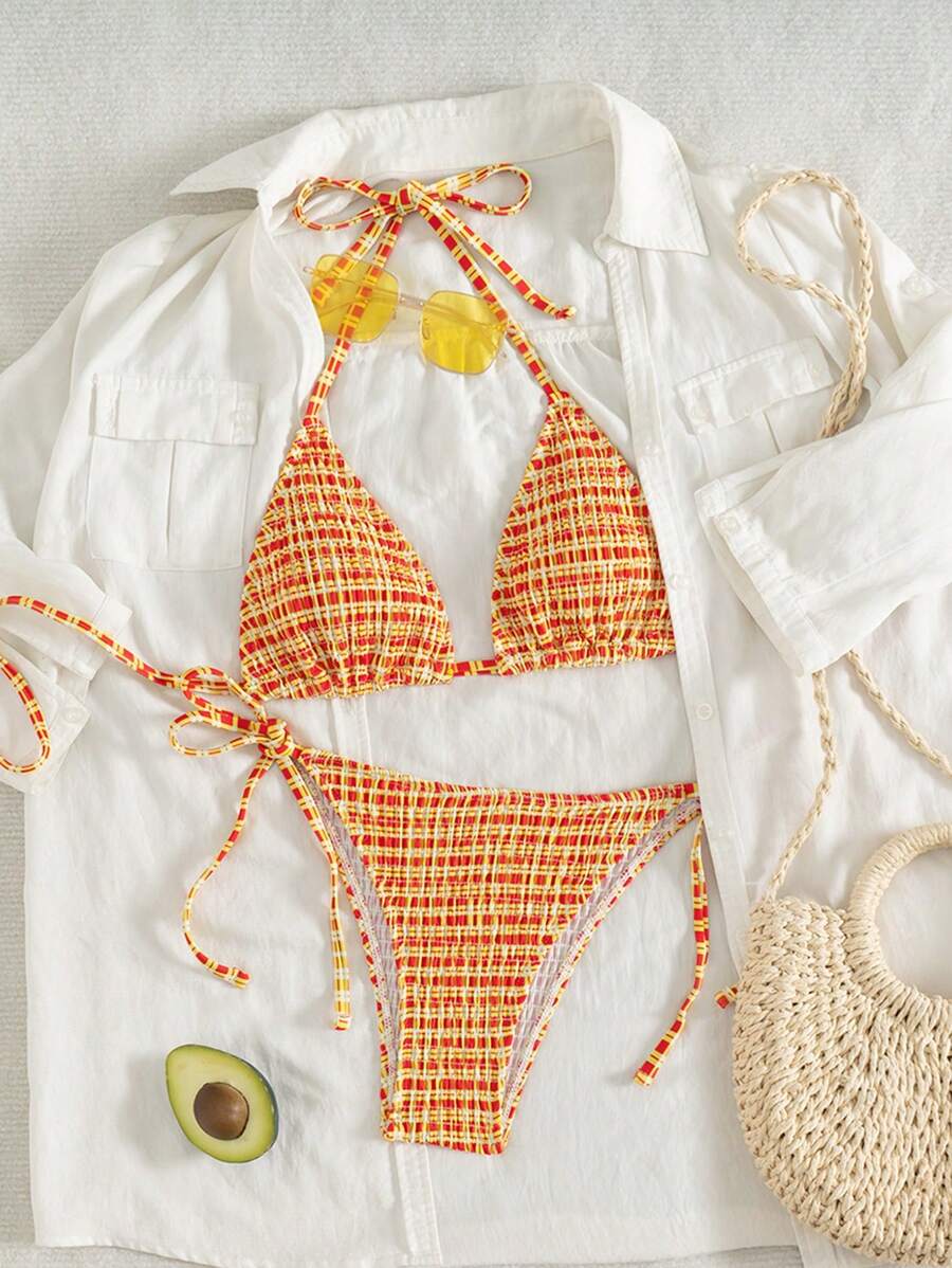 Swim Mod Women's Summer Beach Plaid Halter Tie Sexy Bikini Swimwear Set, Random Print - Multicolor - View 1