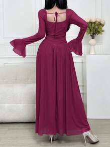Modelyn Vestido feminino cor sólida bordô decote coração manga flare, elegante - Violeta vermelha - Ver 2