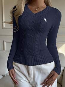 CovetEZ 女士纯色 V 领长袖毛衣，简约时尚，适合夏季，秋冬季上学上衣 - 藏蓝色 - 查看 5