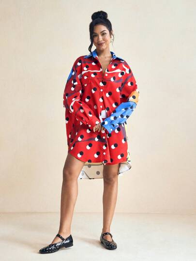 SHAQUITA GARCIA 红色波尔卡圆点印花超大落肩宽松衬衫裙带口袋夏季度假衬衫女商务休闲宽松衬衫，办公室