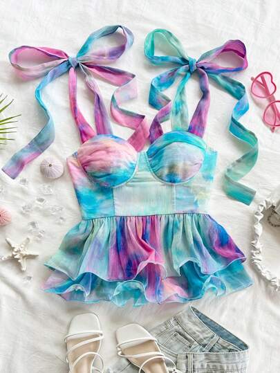 Soleia Parte superior con tirantes de lazo, estampado de tinte anudado y volantes en capas de chifón metálico colorido para mujer, ideal para verano, salidas, estilo bohemio, conciertos, festivales, cruceros, graduación, cumpleaños, vacaciones