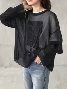 FRIFUL Women's Loose Blue Mesh Sheer Overlay Round Neck Top, Layered Design For Spring/Summer Long Sleeve Women Tops - Black - View 5