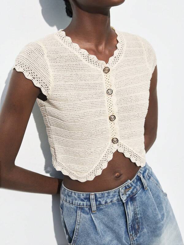 Maija 2025 Summer New Metal Buckle Decor Knit Crop Top, Versatile Design For Beach, Casual, Romantic Urban Outing, Suitable For Easter, Independence Day, Parties, Weddings, Graduation Western Cute Summer Tops Airport Outfit For Women Romantic, Fashion, Versatile; Suitable For Summer Vacation, Comfortable, Bohemian Style, Beach Wear, Swimsuit Cover-Up, Stylish, Elegant, Casual, , Simple Daily Wear, Country Style, Essential, Solid Color, Holiday Casual, Decent, Single Lady, Ideal For Vacation Elegant Fashion Business Casual Woman Going Out Tops Graduation Outfit European Summer Hawaii Outfits Women Summer Dresses For Women Streetwear Women Stockholm Style Teacher Outfits For Women