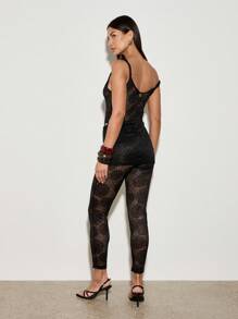 AiiRZ 设计师蕾丝连体紧身衣，长款晚礼服，吸睛派对夜店装，带金属细节迷你裙罩衫，修身连体衣，适合各种场合穿着。 - 黑色 - 查看 2