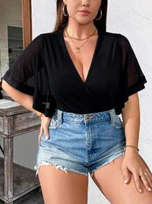 Rometta 女士加大码 V 领短袖网眼拼布针织紧身衣，优雅且适合日常工作穿着 - 黑色 - 查看 3