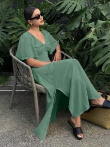 Serisse Women's Solid Color Pleated Short Sleeve Elegant Dress For Holiday,Summer Dresses For Women Party Green Vacation Casual - Green - View 6