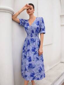 GENKIRA French Retro Tea Break Printed Elegant Shirred Button Front Cinched Waist Fitted Lantern Sleeve Midi Dress For Women Boho Vacation Fashionable Style All Over Print For Summer Spring Fall Autumn - Multicolor - View 4