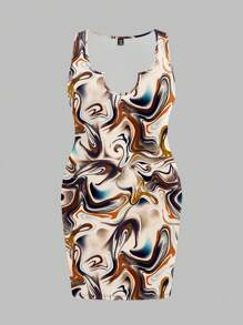 Slaydiva 大码休闲简约拼色波浪条纹印花 U 领连衣裙 - 白色 - 查看 3