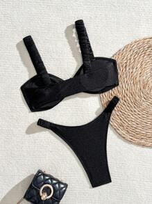 Women Spring Solid Ruched Thick Strap Metal Starfish High Cut Beach Swimwear Sets For Summer Beach Vacation - Black - View 2