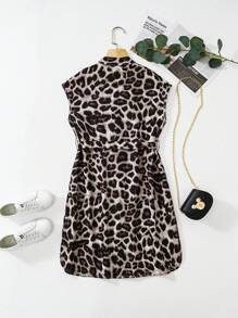 Stylish Tween Leopard Dress: Sleeveless Stand Collar Shirt Dress With Zipper And Belt Short Length Perfect For Girls - Black - View 2