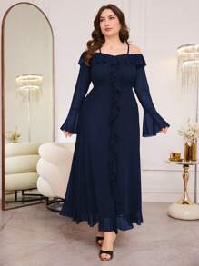 Modelyn Vestido midi elegante de mujer de talla grande con hombros descubiertos, mangas largas, volantes y bajo acampanado de tela de malla - Azul - Ver 1
