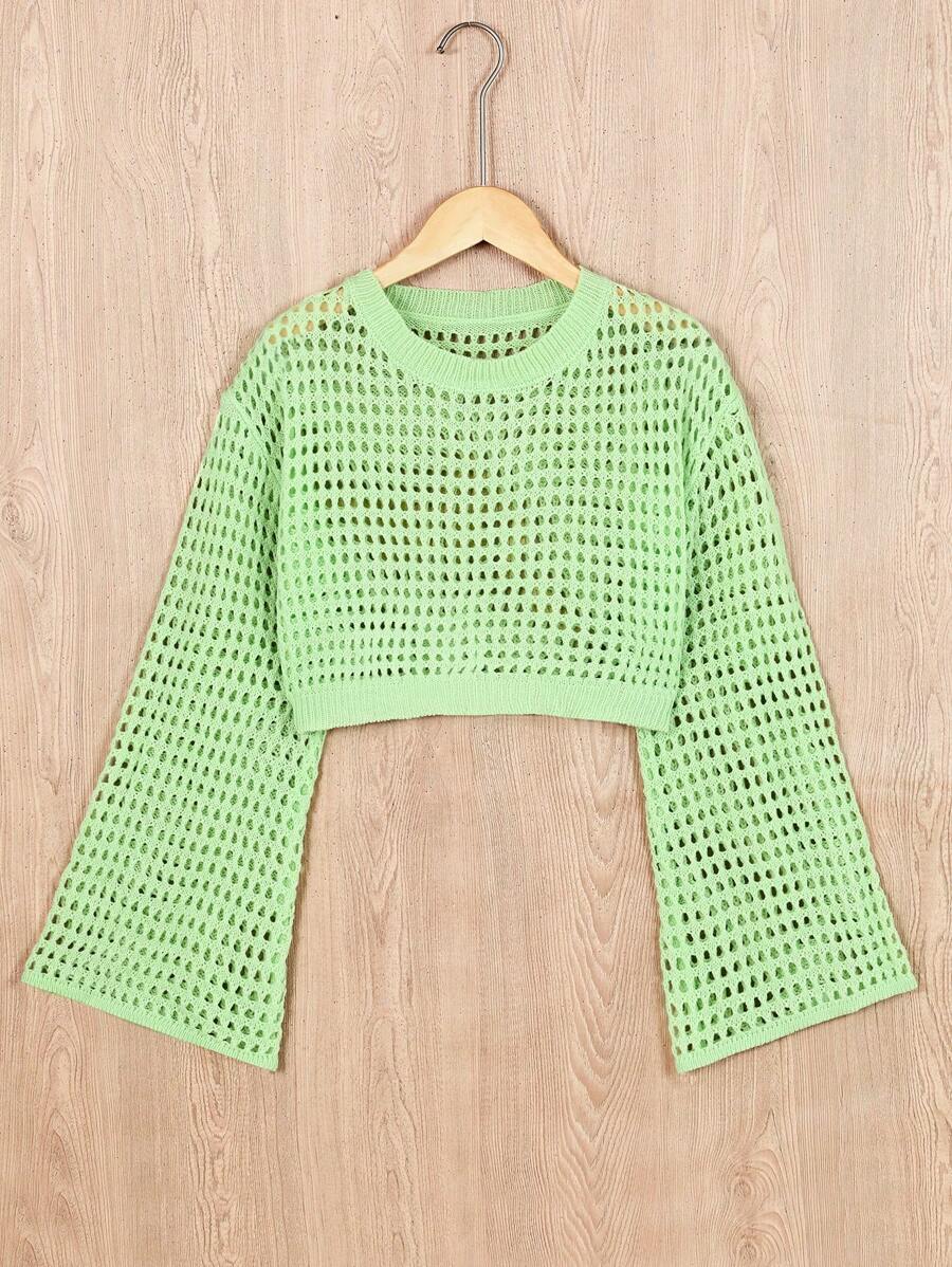 Teen Girl Crew Neck Solid Color Cropped Long Sleeve Pullover Sweater - Mint Green - View 1