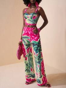 Zivah 2025 Summer New Music Festival, Easter, St. Patrick's Day, Western, Nomadic Style, Suitable For Wedding, Birthday Party, Graduation, Student, Daily Wear, Casual, Vacation, Cruise Travel, Beach, Sunbathing, Fashion, Wide Strap, Bodycon, Wide Leg Pants, Tropical Plant, Coconut Tree Print, Colorblock Women's 2 Pieces Set