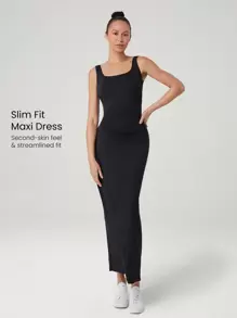 GLOWMODE Modal Silky Smooth Instep-Length Back Knot Square-Neck Wrap Maxi Dress Daily Casual Wear Removable Cups - Black - View 2