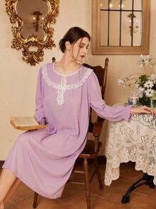 Côtesoire Lace Waffle Pattern Women's Nightgown, Simple & Fashionable, Suitable For Summer - Mauve Purple - View 1