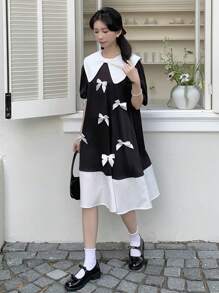 SHEIN Vestido midi de corte holgado con mangas abullonadas, estilo universitario de colores contrastantes en blanco y negro, con cuello contrastante y lazo. Ideal para regreso a clases, eventos elegantes, fiestas, festivales, banquetes, almuerzos, ocasiones de cumpleaños, Año Nuevo, regreso al hogar, baile de graduación - Blanco y Negro - Ver 6