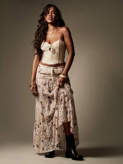 MISSGUIDED Tiered Maxi Skirt Festival Boho Bohemian Long Flowing Peasant Prairie Style Patchwork Distressed Print Desert Earth Tones Adjustable Waist Fall Winter