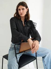 Maija Damen Schwarze Transparente Blumen Verzierte Knopfleiste Langarm Hemd Top, Sexy Design für Musikfestivals und Sommer, Geschäftskleidung für Frauen, Süße Sommer Oberteile für Brunch, Flughafen - Schwarz - Übersicht 3