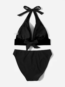 Swim Vcay Damen einfarbiger Bikini-Top mit Neckholder und Bindebändern am Rücken und Bikinihose Set